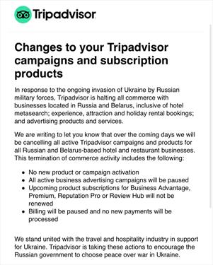TripAdvisor заявил о временной приостановке в России